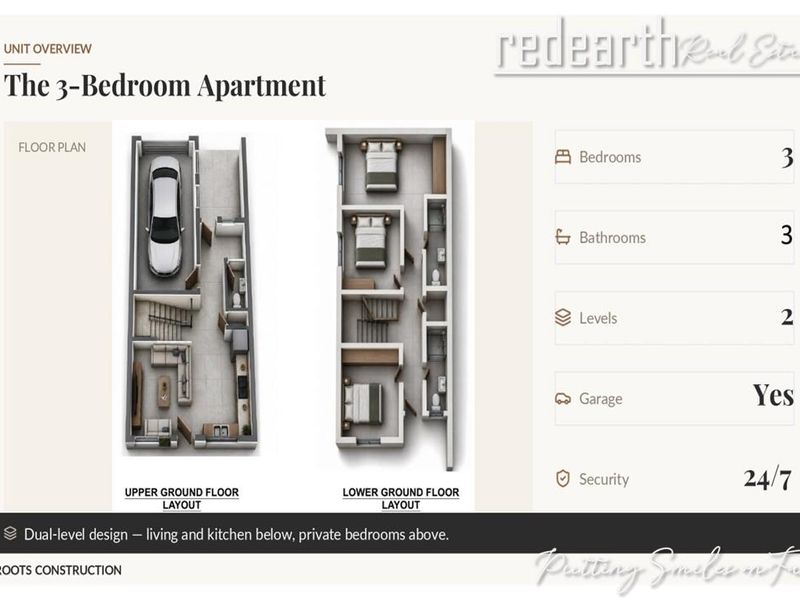 A detailed floor plan for a three-bedroom, dual-level townhouse unit, showcasing the layout of both the upper and lower ground floors.