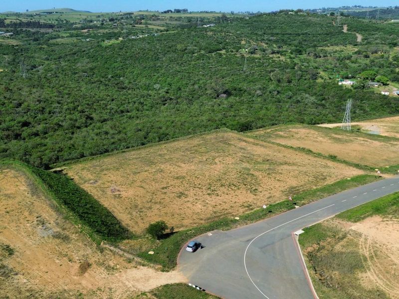An aerial view of an undeveloped industrial land parcel adjacent to a paved road, surrounded by natural vegetation and rolling hills.
