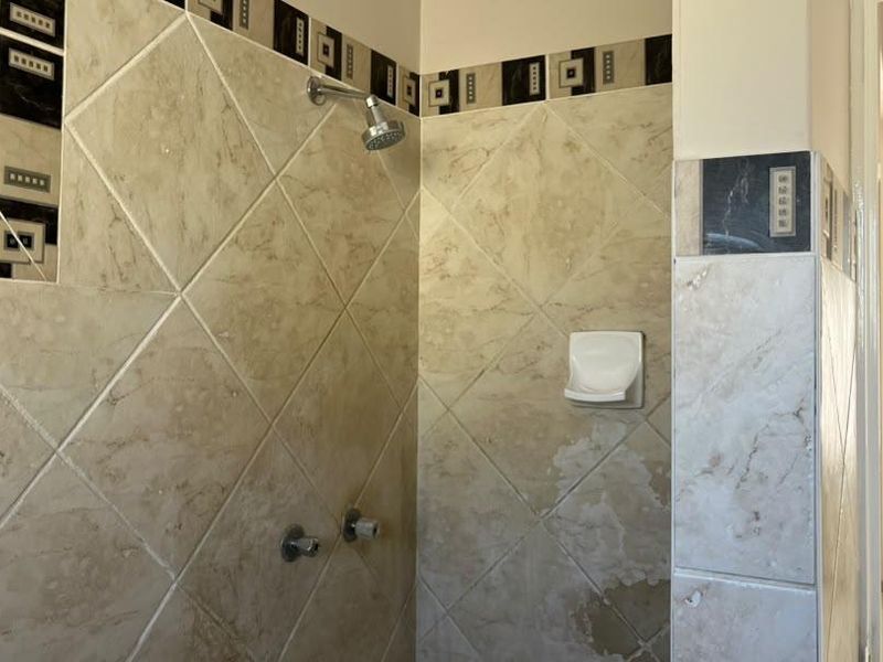 A bathroom shower enclosure featuring diamond-patterned wall tiles with a decorative border and built-in soap dish.
