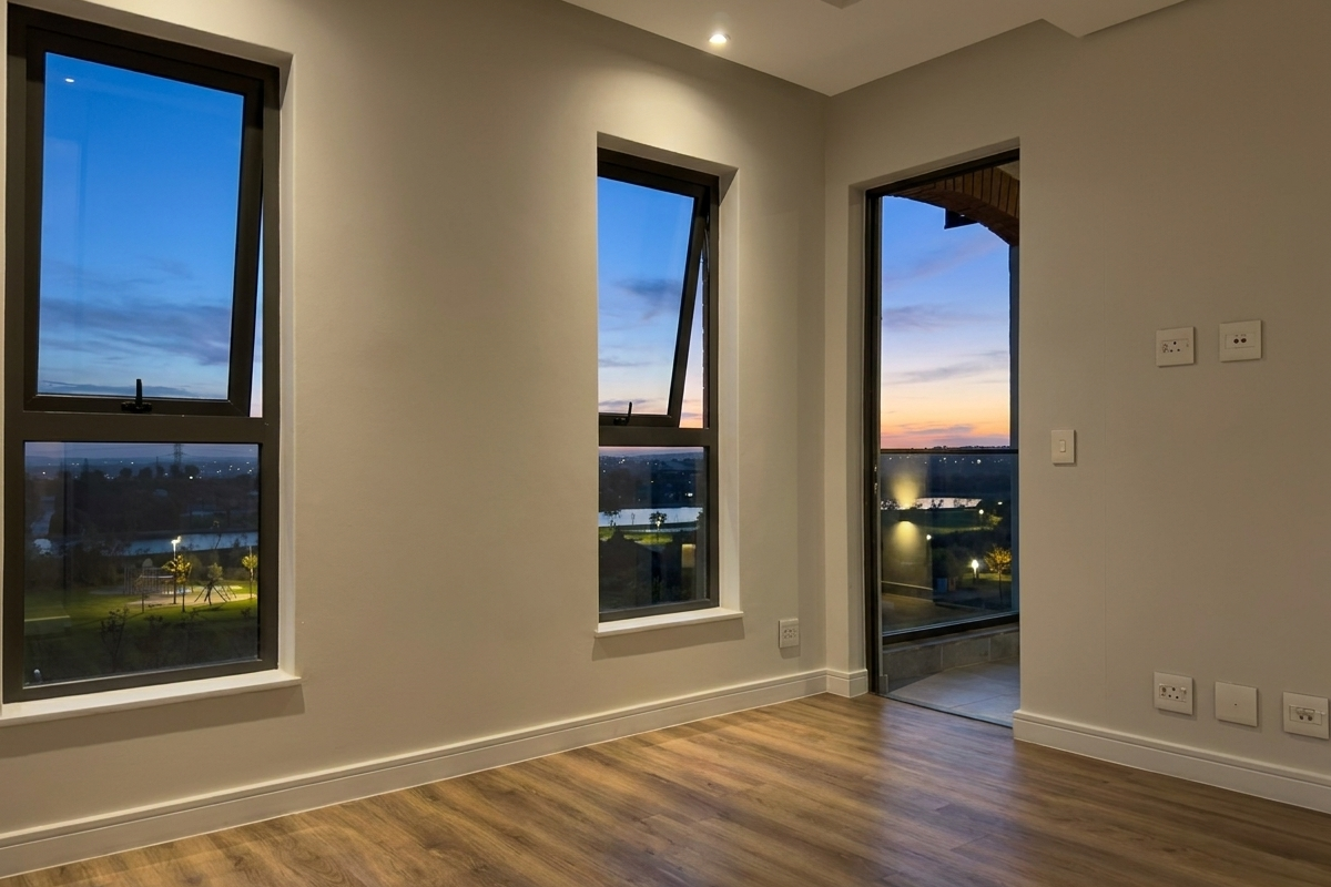 A bright, modern living area featuring wood-look flooring, recessed ceiling lighting, and large windows providing scenic sunset views and access to a balcony.