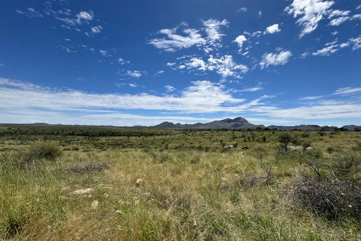 Expansive landscape view featuring natural veld and distant mountain ranges under a clear blue sky.