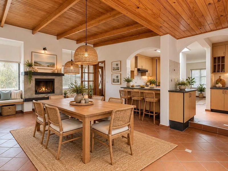 Spacious open-plan dining and kitchen area featuring a warm timber ceiling, built-in fireplace, and functional kitchen layout with island seating.