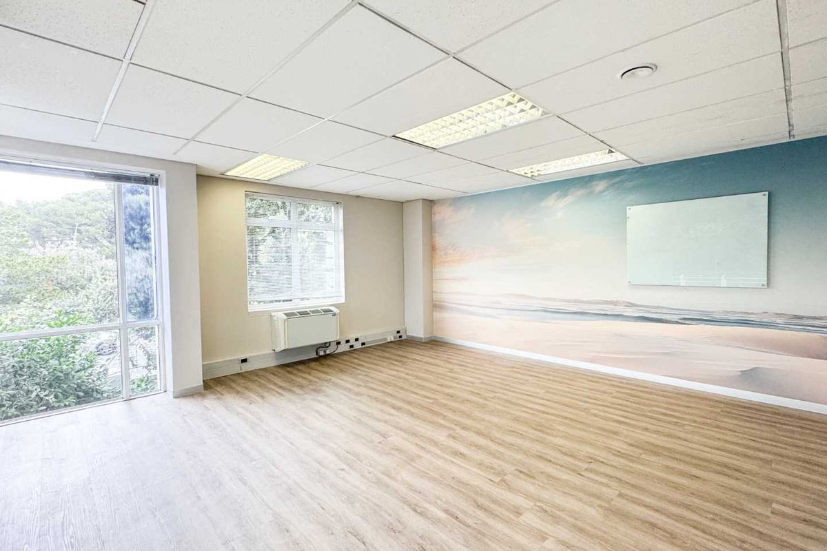 A bright, vacant office space featuring wood-look vinyl flooring, a suspended ceiling with recessed lighting, a wall-mounted HVAC unit, and a large window.