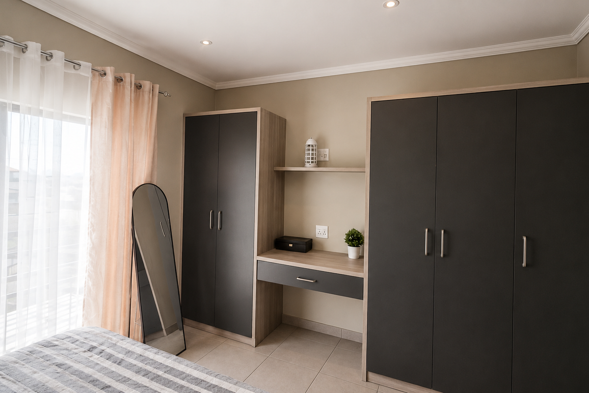 A well-maintained bedroom featuring built-in cabinetry with a central desk area, neutral wall finishes, and tiled flooring.