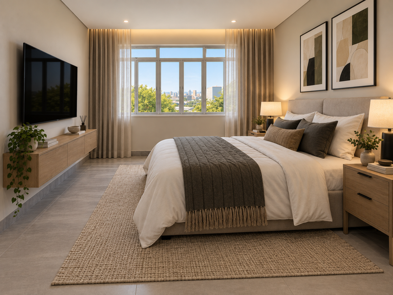 A modern, well-lit bedroom featuring neutral tones, large windows with city views, and sleek wall-mounted cabinetry.