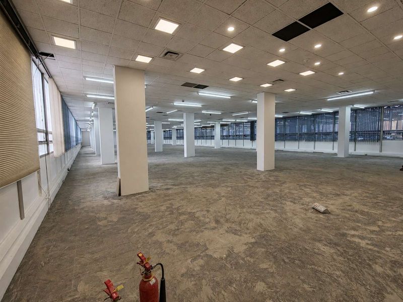 Expansive open-plan office space featuring a suspended ceiling with recessed lighting, structural columns, and large windows with vertical blinds.