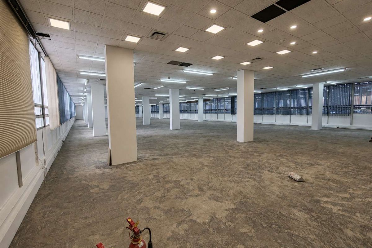 Expansive open-plan office space featuring a suspended ceiling with recessed lighting, structural columns, and large windows with vertical blinds.
