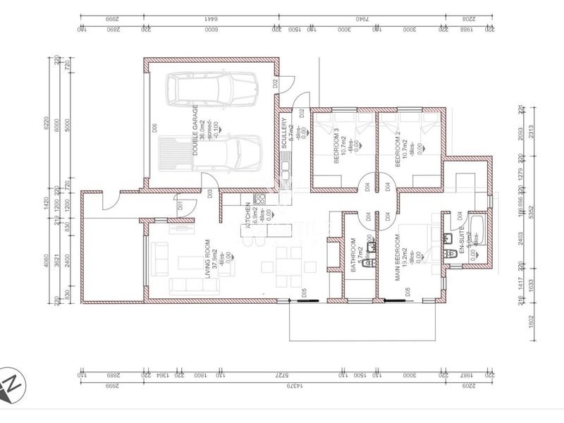 Architectural floor plan showing a three-bedroom house layout with a double garage, kitchen, scullery, living area, and two bathrooms.