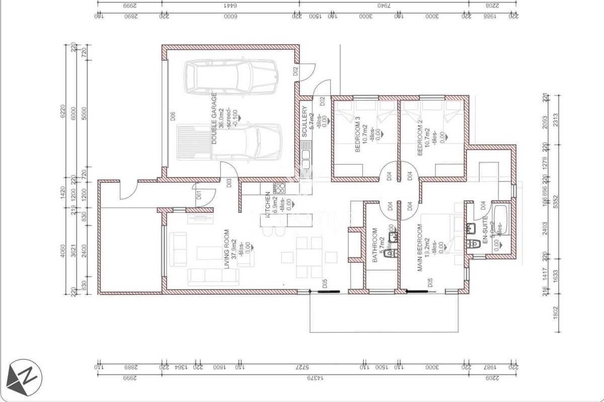 Architectural floor plan showing a three-bedroom house layout with a double garage, kitchen, scullery, living area, and two bathrooms.