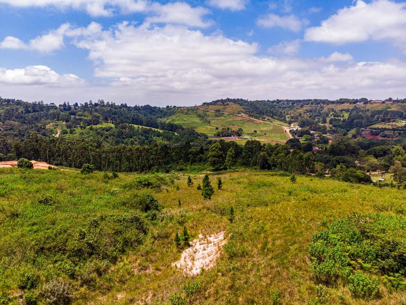 An aerial view of a large, undeveloped residential plot featuring natural vegetation and scenic rolling hills in the background.