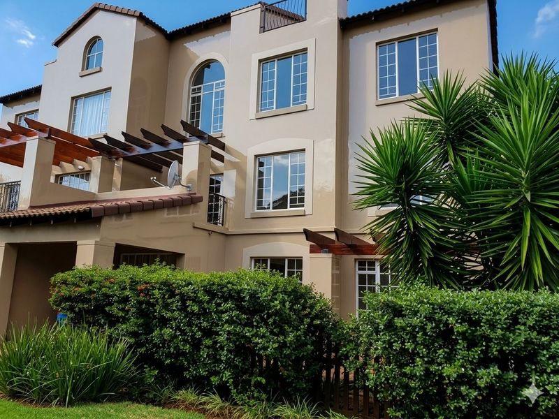 A well-maintained multi-story apartment building facade featuring arched windows, timber pergolas, and terracotta roof tiles with established garden landscaping.
