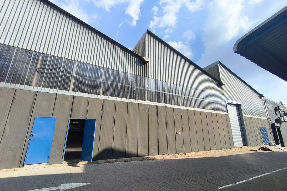 Exterior view of an industrial warehouse featuring corrugated metal cladding, translucent wall panels, a large roller shutter door, and a paved driveway.