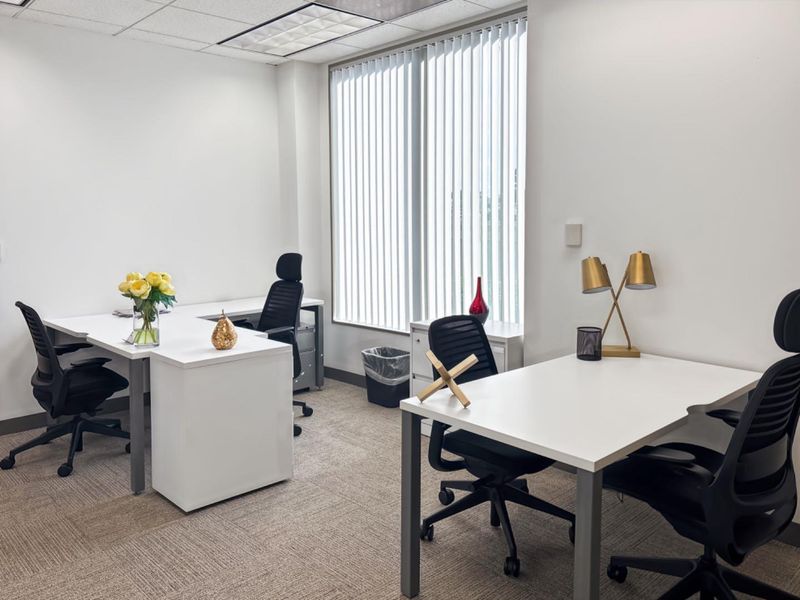 A bright, professional office space featuring neutral carpet flooring, a suspended ceiling, and large windows with vertical blinds for natural light.