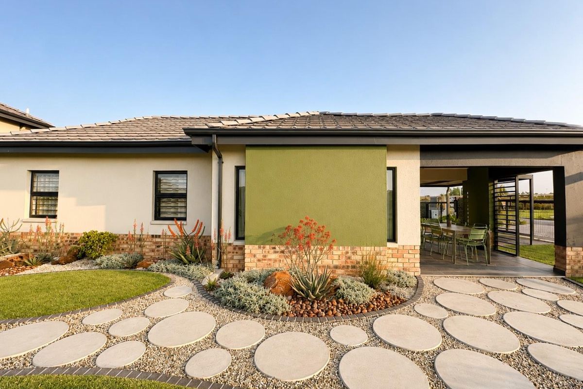 A well-maintained exterior view featuring a landscaped garden with circular concrete pavers, brick accents, and a covered patio area.