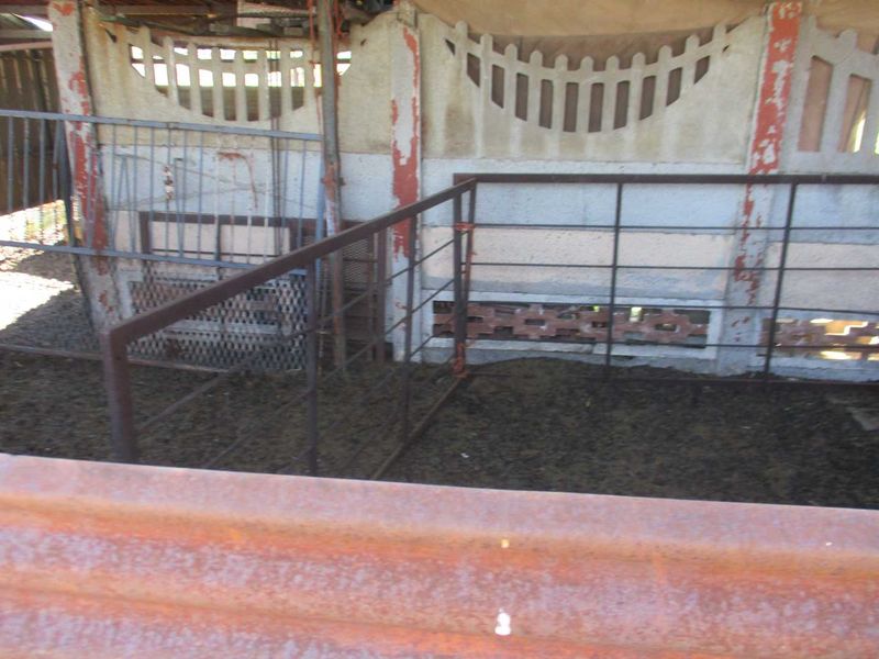 Agricultural utility space featuring metal livestock fencing and concrete block walls with decorative screening, showing signs of significant weathering and wear.