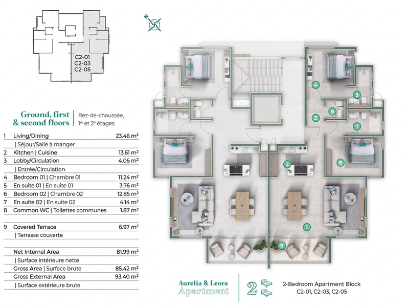Architectural floor plan for a two-bedroom apartment unit, detailing the layout of living areas, bedrooms, bathrooms, and a covered terrace.