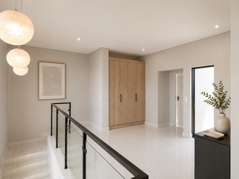 A bright and modern hallway featuring sleek tiled flooring, a glass balustrade, and integrated wood-finish cabinetry.