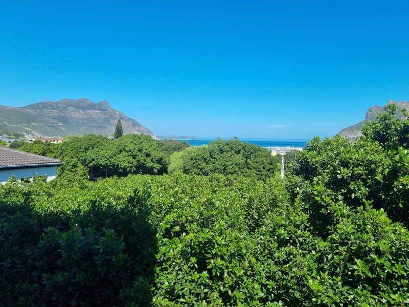 A scenic elevated view overlooking lush green trees with distant mountains and the ocean visible on the horizon.