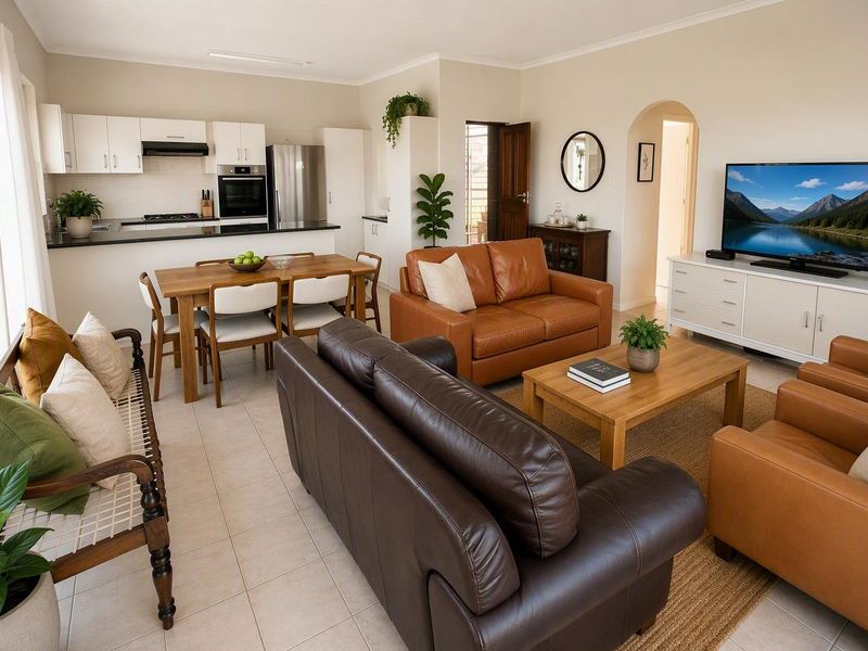 A bright open-plan living and dining area featuring a modern kitchen with built-in cabinetry, granite countertops, and tiled flooring throughout.