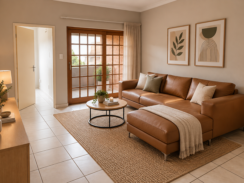 A well-maintained living room featuring neutral tiled flooring, coving, and a sliding glass door providing access to an outdoor balcony area.