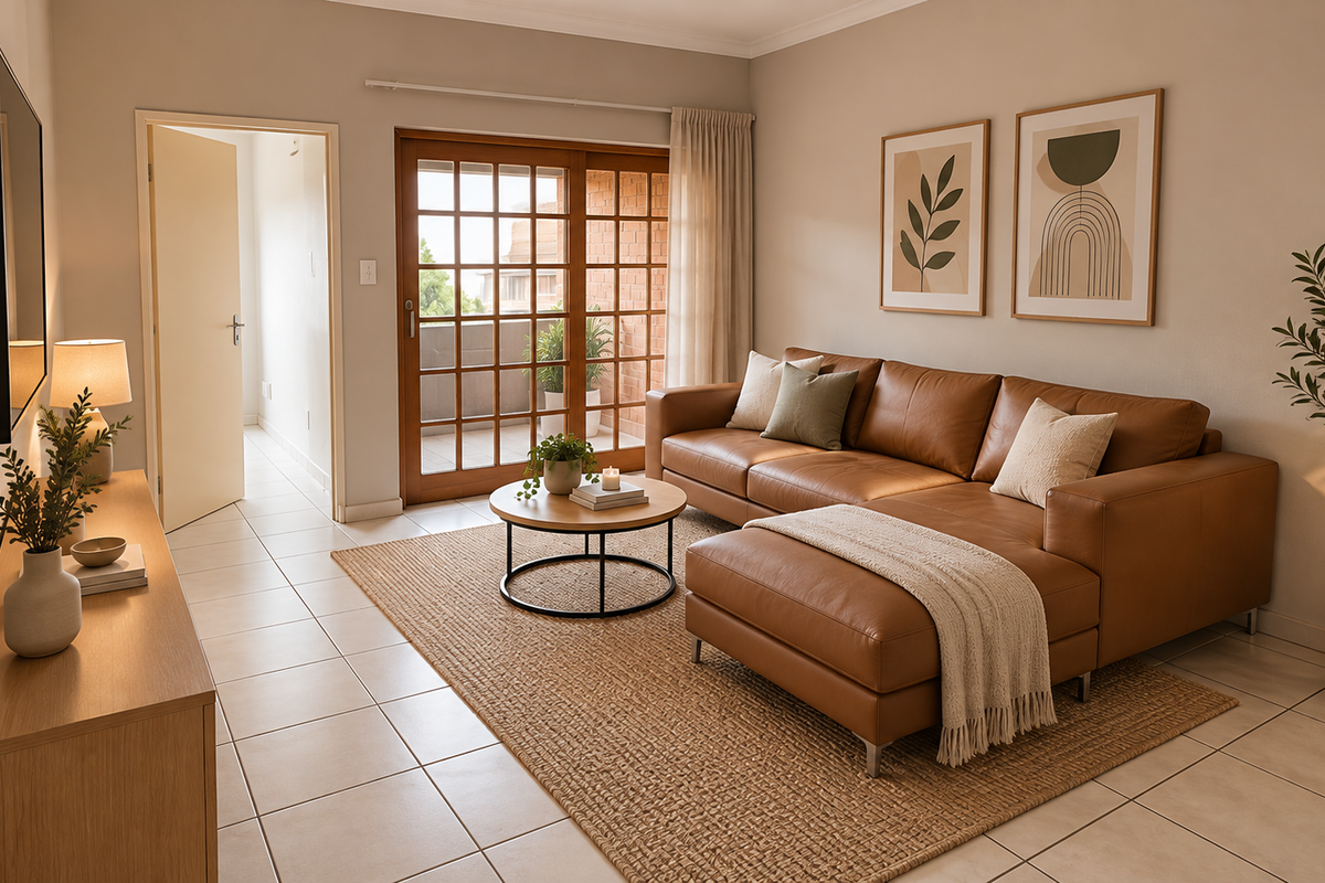 A well-maintained living room featuring neutral tiled flooring, coving, and a sliding glass door providing access to an outdoor balcony area.