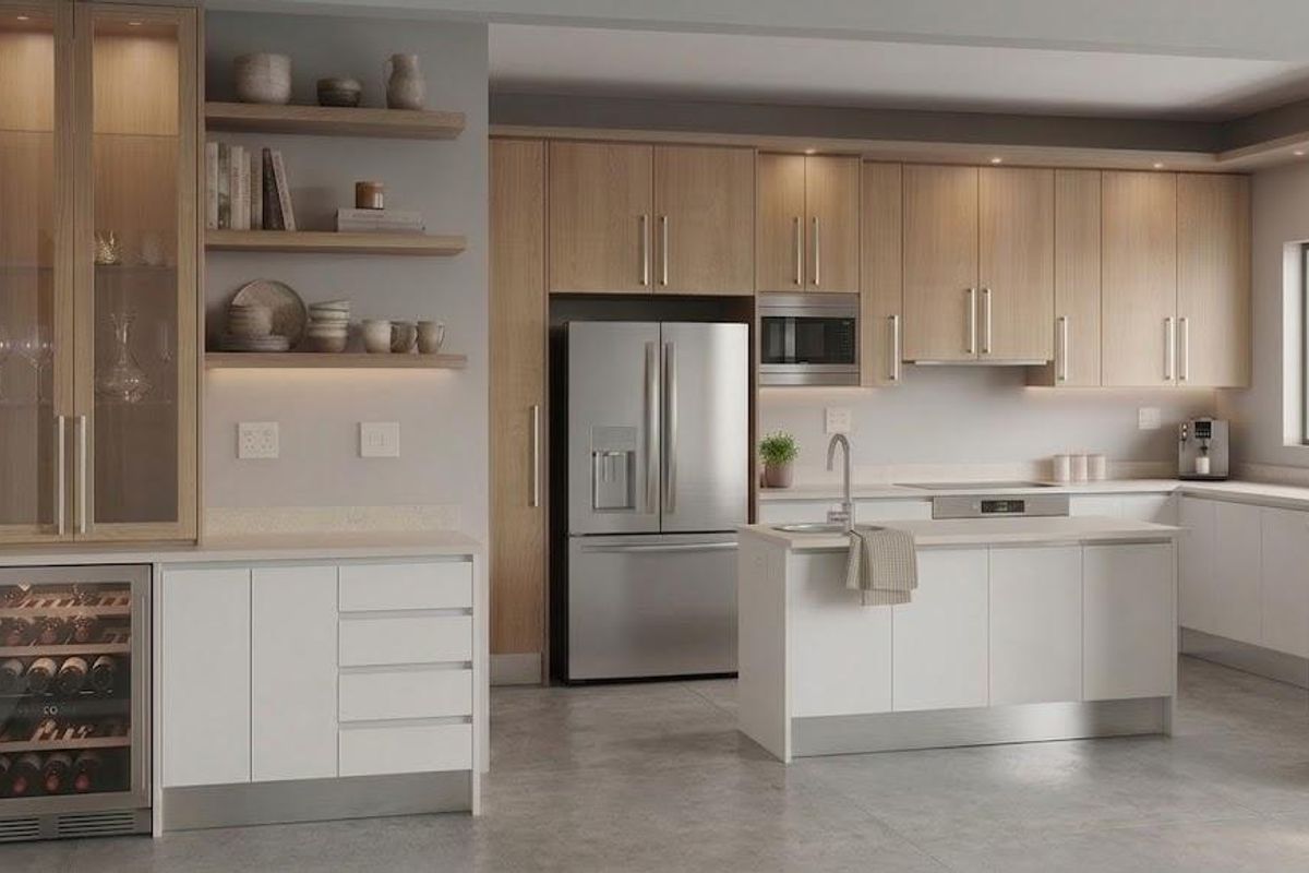 Modern kitchen featuring light wood cabinetry, a central island with sink, stainless steel appliances, integrated wine cooler, and sleek floating shelving.