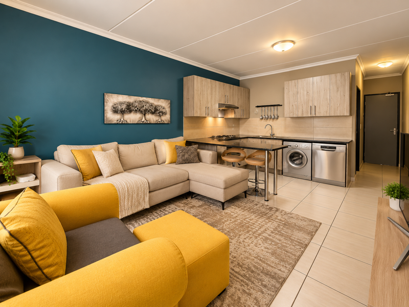 Modern open-plan living area featuring a well-equipped kitchen with built-in cabinetry, granite countertops, and integrated appliance connections, seamlessly flowing into the lounge space.