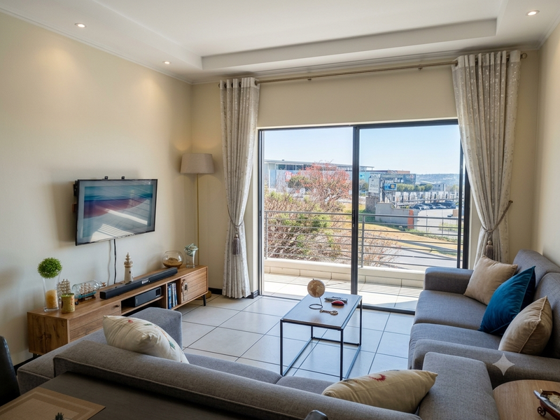 A bright and well-maintained living room featuring tiled floors, recessed ceiling lighting, and a large sliding glass door leading to a balcony.