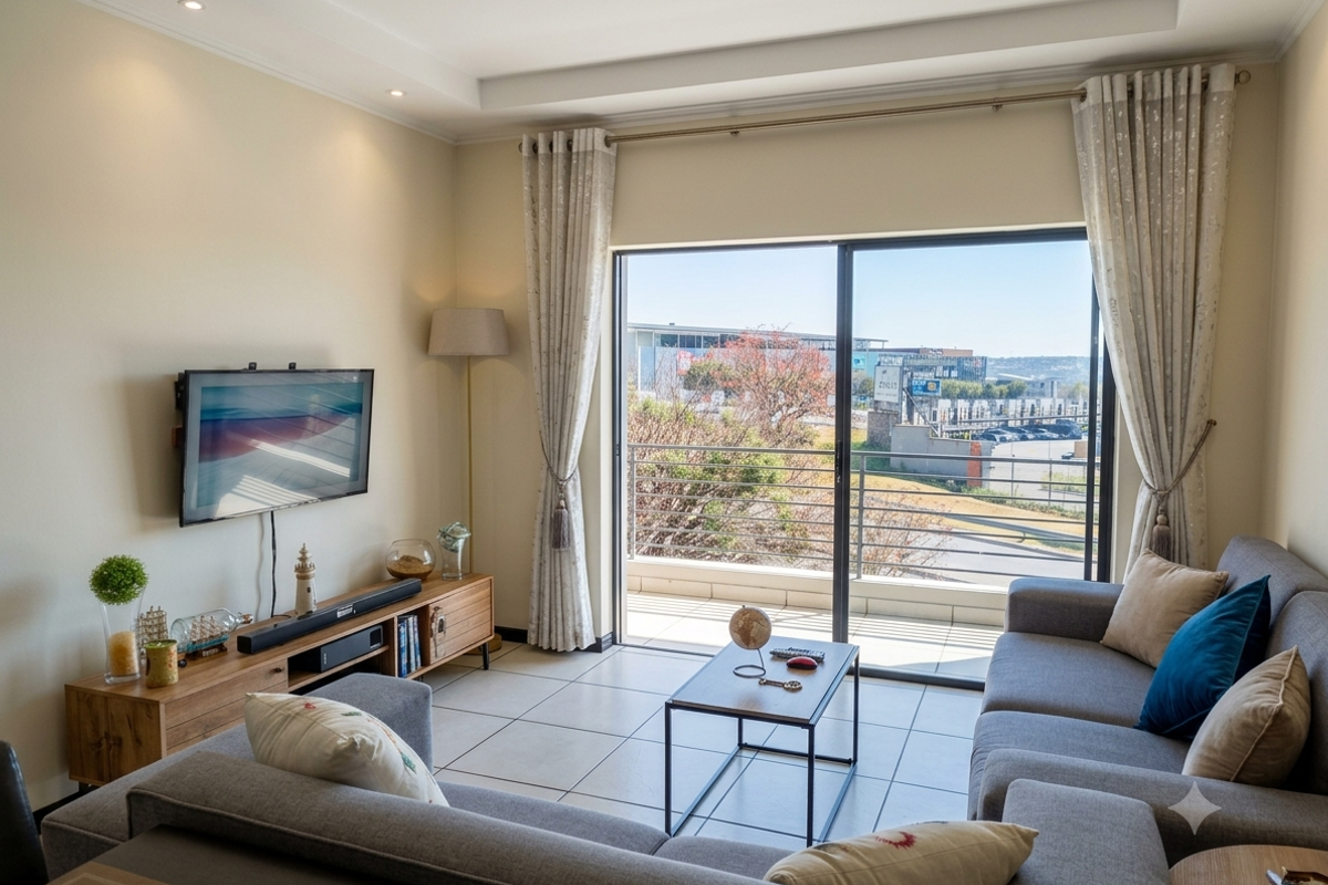 A bright and well-maintained living room featuring tiled floors, recessed ceiling lighting, and a large sliding glass door leading to a balcony.
