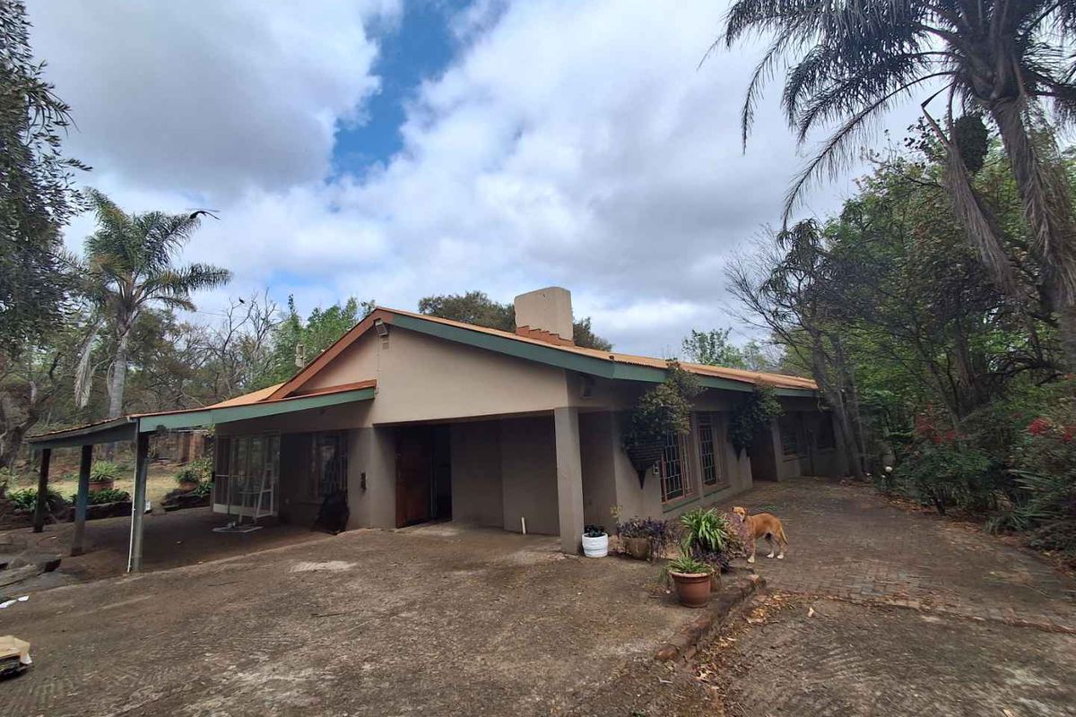 Rear view of the house featuring a covered patio, concrete and brick paved areas, and a chimney, set within a mature garden.