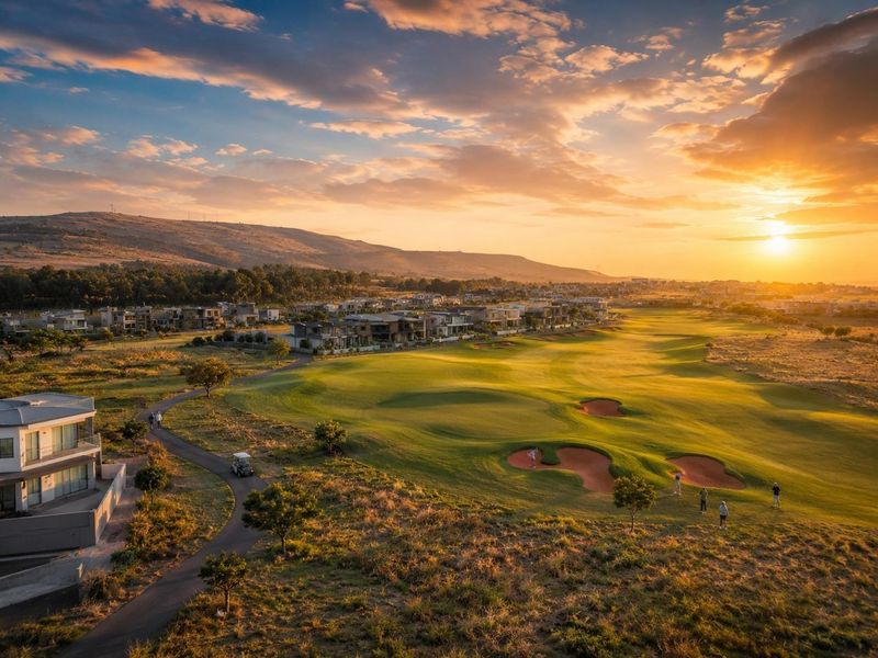 Aerial view of a residential estate overlooking a sprawling golf course at sunset, showcasing the surrounding landscape and community layout.