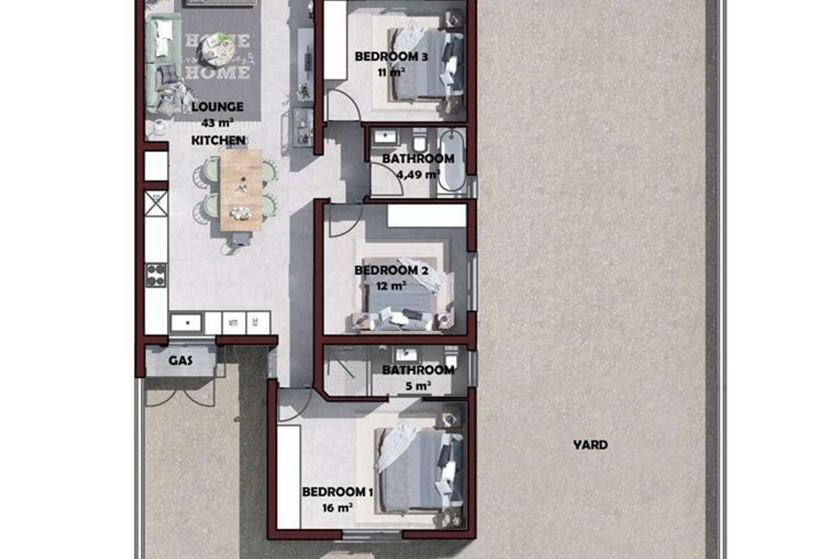 Architectural floor plan showing a three-bedroom townhouse layout with open-plan living, kitchen, two bathrooms, and a private yard area.