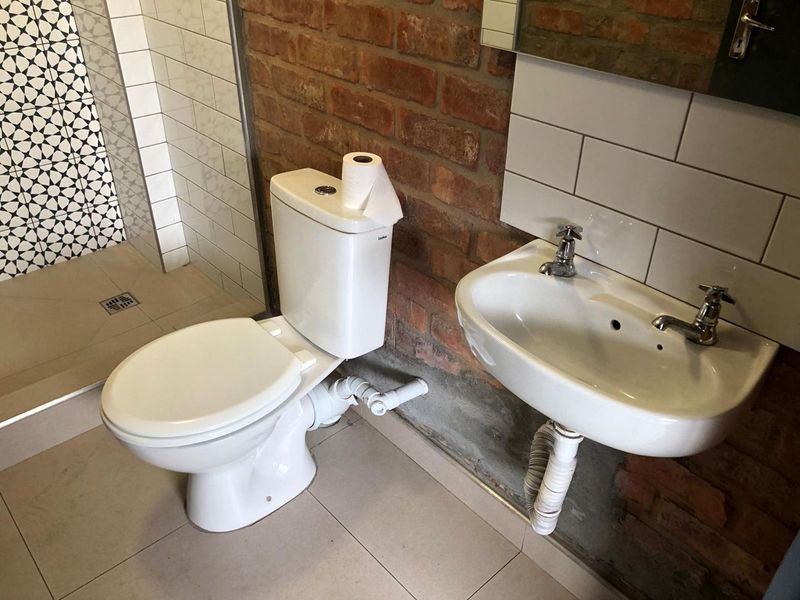 A bathroom featuring an exposed brick wall, wall-mounted basin, and a shower area with patterned tiles. Requires finishing of plumbing and wall surfaces.