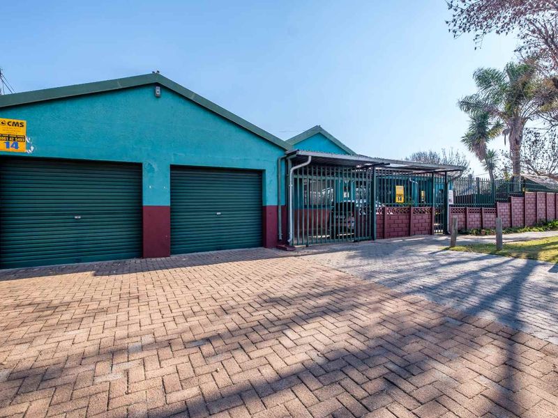 Front exterior view of the property featuring a double garage with roller shutter doors, paved driveway, and secure perimeter fencing.