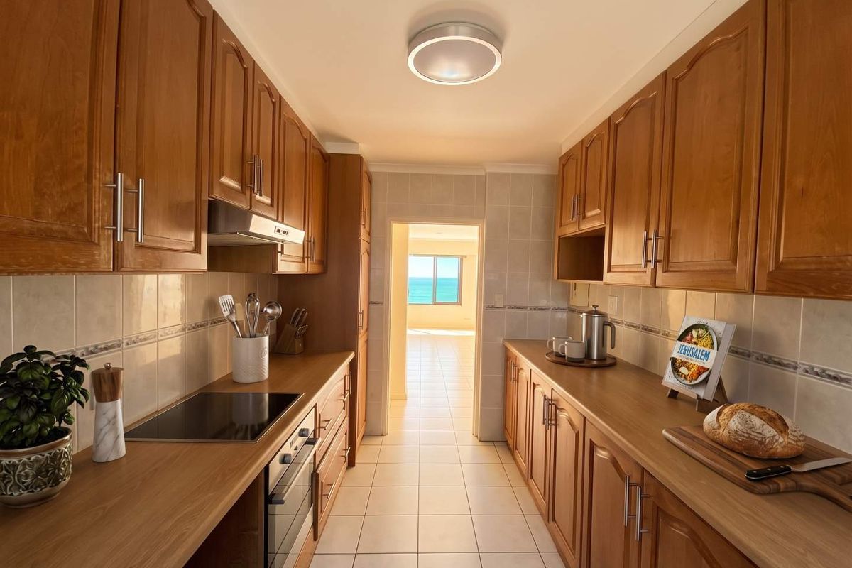 A galley-style kitchen featuring warm-toned wooden cabinetry, laminate countertops, ceramic tile backsplash, and built-in appliances, leading to a bright living area with ocean views.
