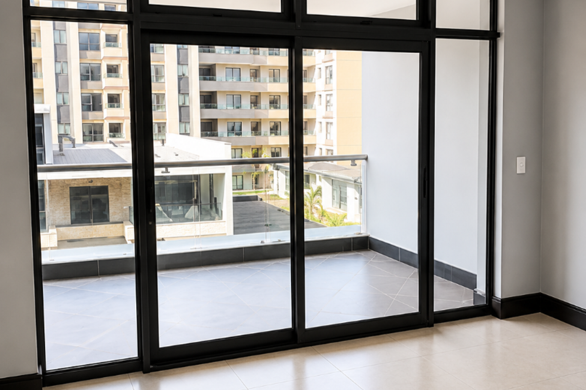 A bright, empty living area featuring large sliding glass doors that open onto a private balcony with modern tiled flooring.