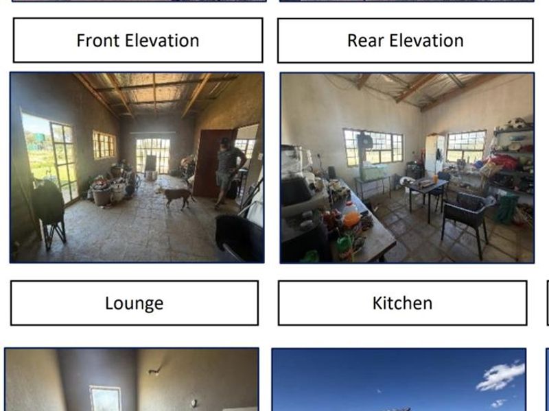 A collage showing various exterior and interior views of a small holding property, including the main structure, lounge, kitchen, bathroom, and borehole infrastructure.