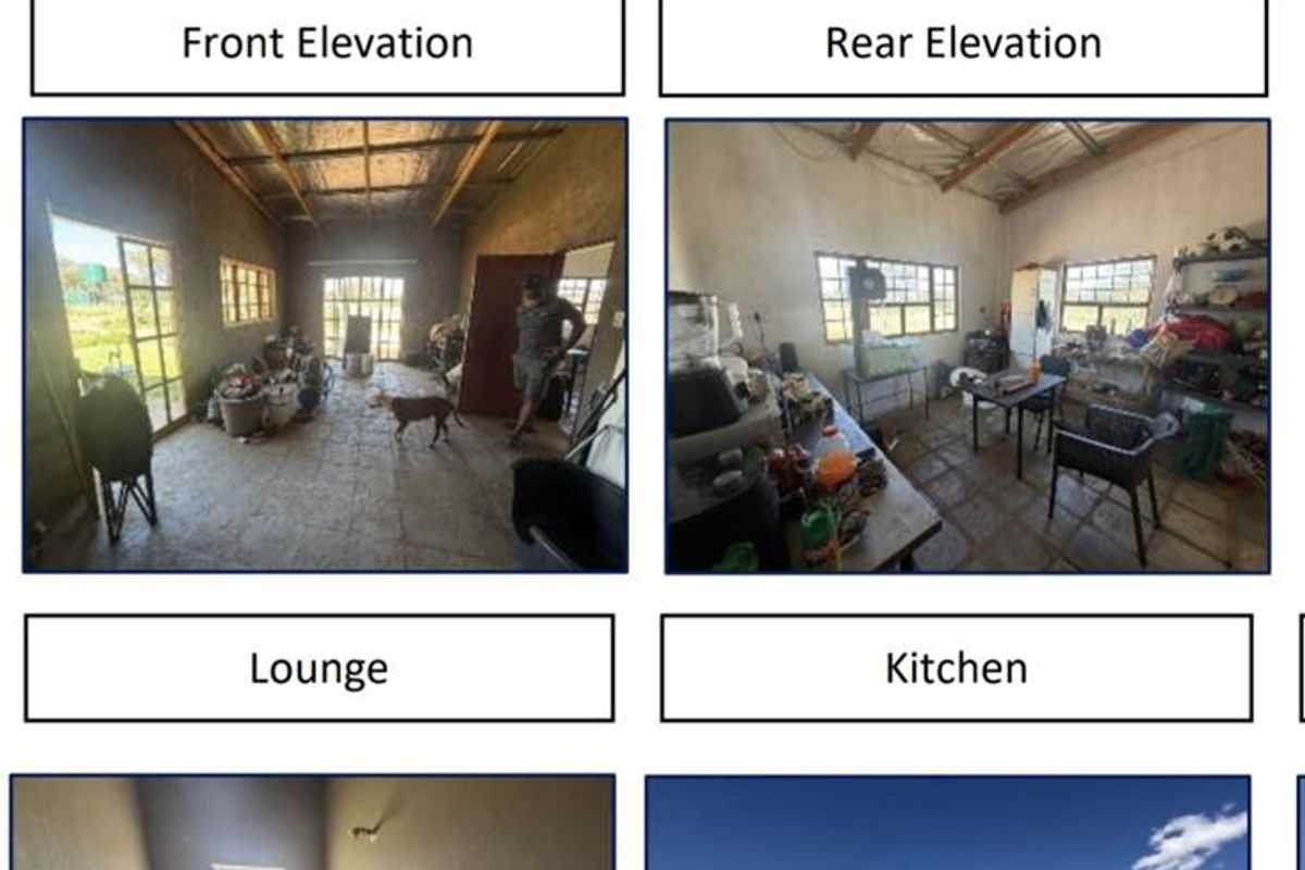 A collage showing various exterior and interior views of a small holding property, including the main structure, lounge, kitchen, bathroom, and borehole infrastructure.