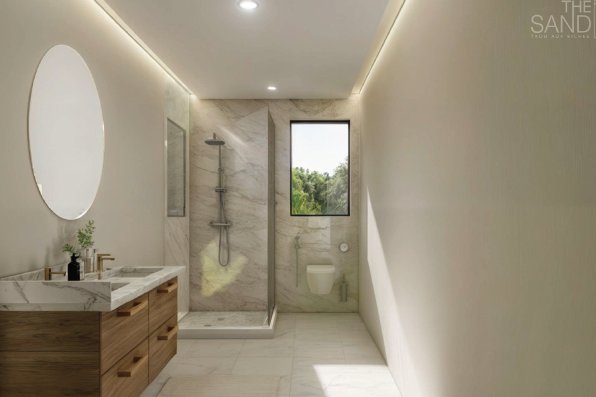 Modern bathroom featuring a marble-topped vanity, walk-in shower with glass enclosure, wall-mounted toilet, and recessed LED lighting.