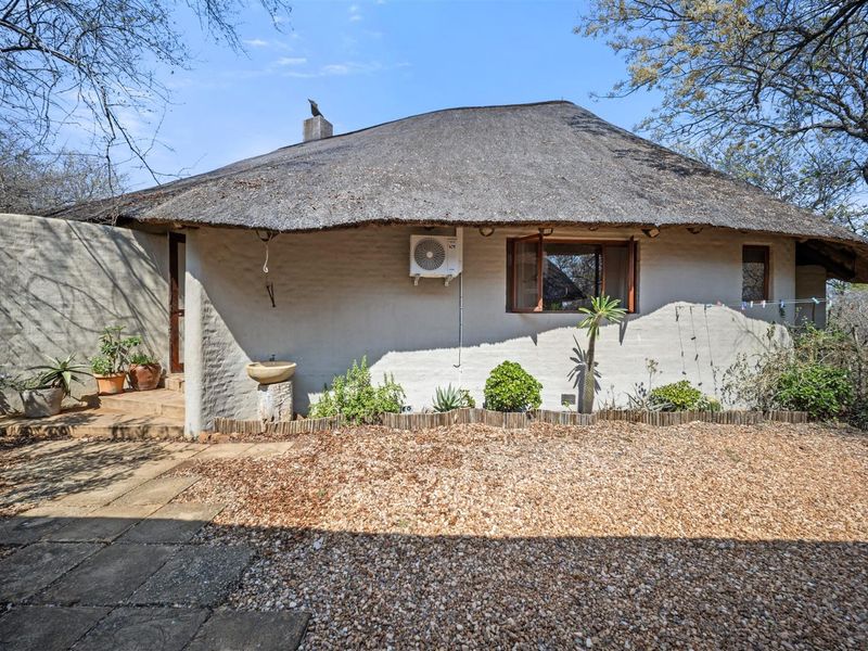Rear exterior view of a thatch-roofed dwelling featuring a stone basin, paved walkway, and gravel landscaping in a natural bushveld setting.