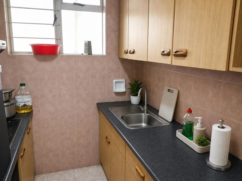 Compact kitchen featuring laminate cabinetry, dark countertops, stainless steel sink, and ceramic wall tiling with a functional layout.