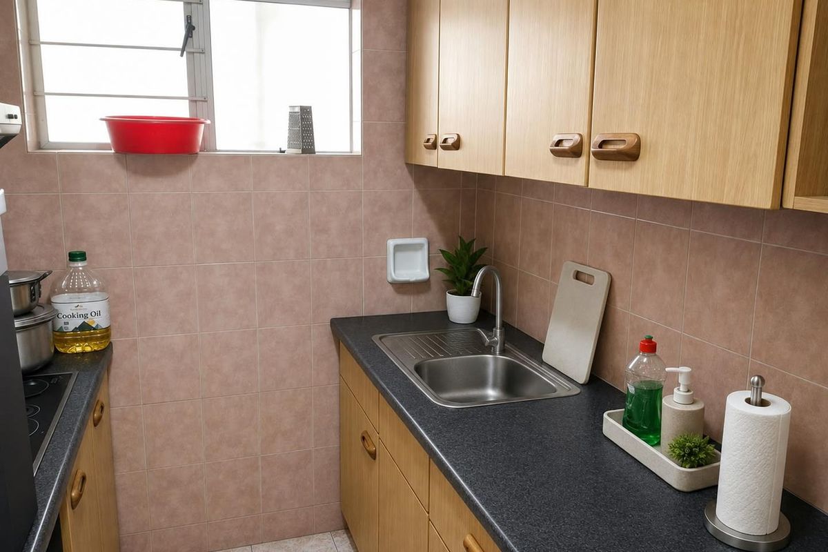 Compact kitchen featuring laminate cabinetry, dark countertops, stainless steel sink, and ceramic wall tiling with a functional layout.
