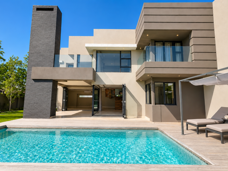 Modern rear exterior featuring a swimming pool, timber decking, glass balustrades, and large bi-fold doors leading into the home.
