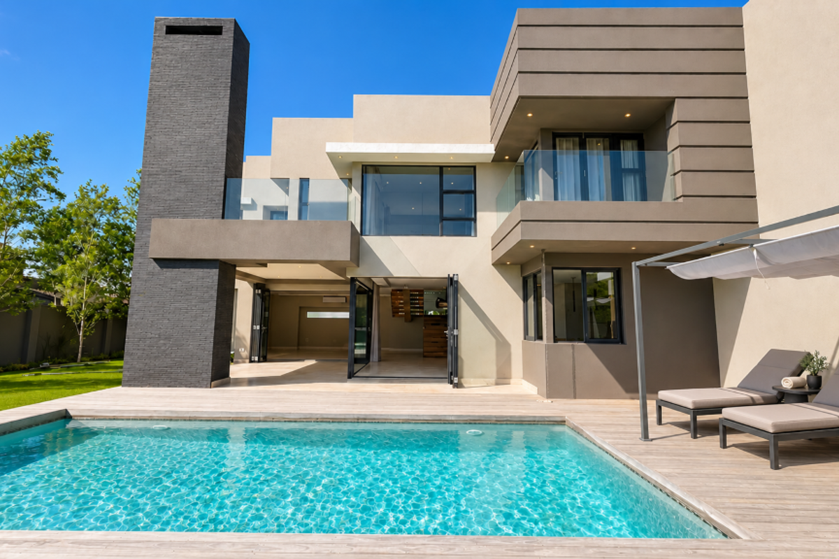 Modern rear exterior featuring a swimming pool, timber decking, glass balustrades, and large bi-fold doors leading into the home.