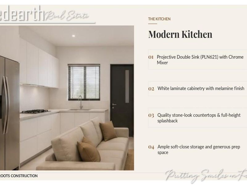Modern open-plan kitchen featuring white laminate cabinetry, stone-look countertops, full-height splashback, and a double sink with chrome mixer tap.