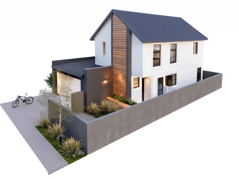 A modern two-story townhouse featuring a metal roof, timber cladding accents, a private boundary wall, and a paved driveway with an integrated garage.