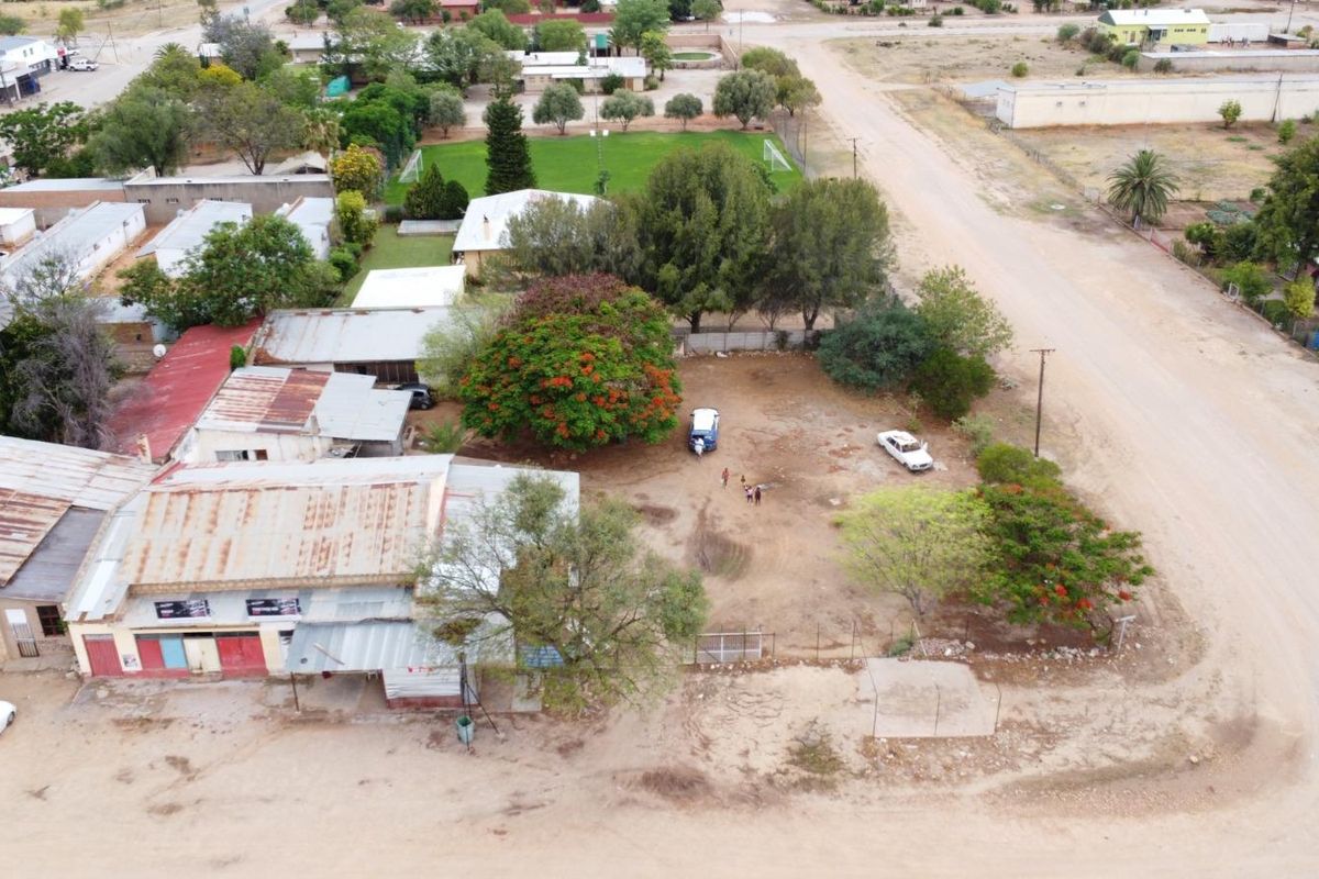 Aerial view of a mixed-use property featuring multiple structures with corrugated metal roofing, large trees, and an expansive unpaved yard area.