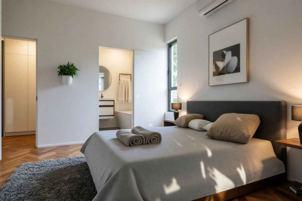 Modern bedroom featuring herringbone timber flooring, built-in storage, and direct access to an en-suite bathroom, complemented by a split-system air conditioning unit.