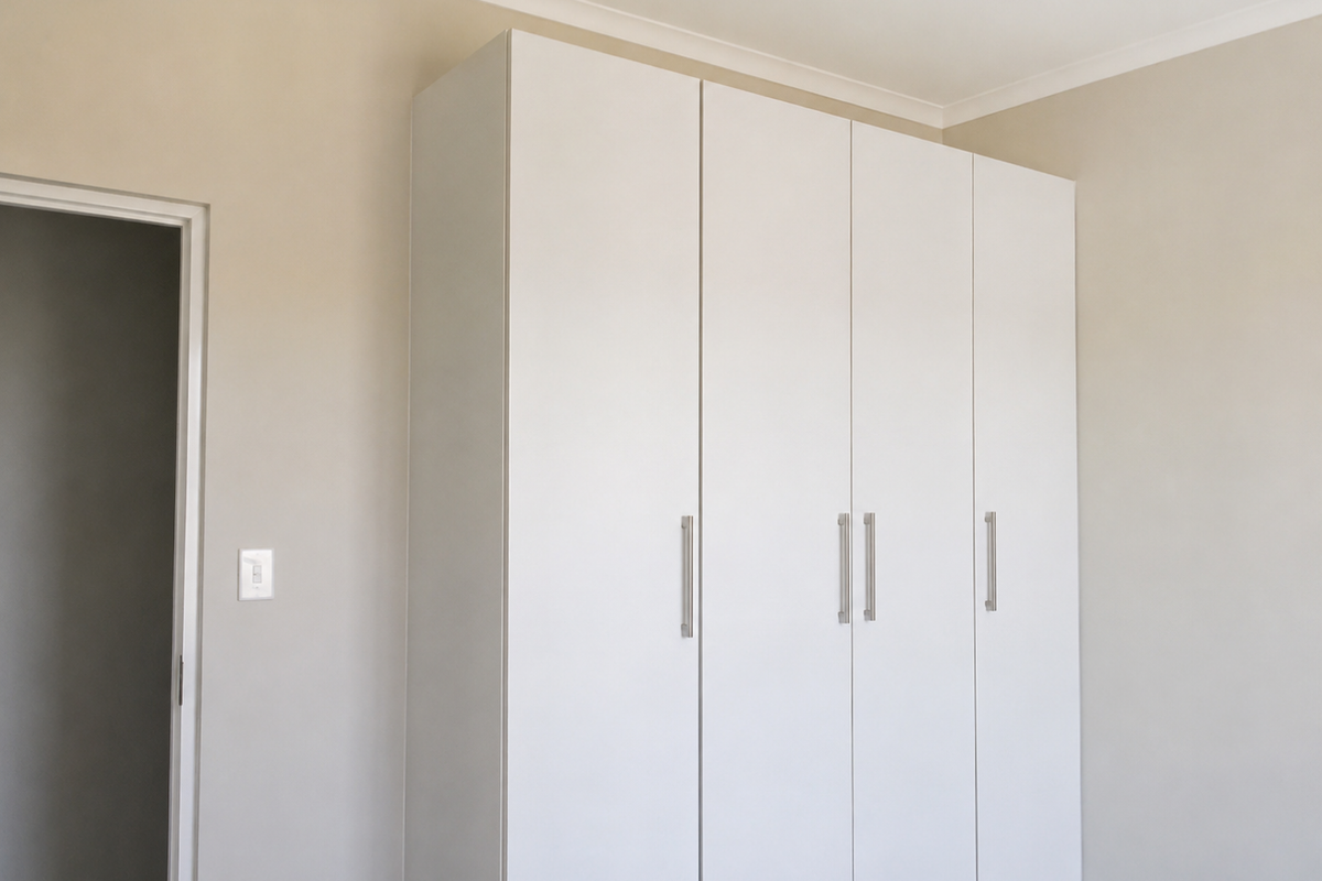 A clean, neutral bedroom featuring a modern white built-in wardrobe with sleek metal handles and simple coving.