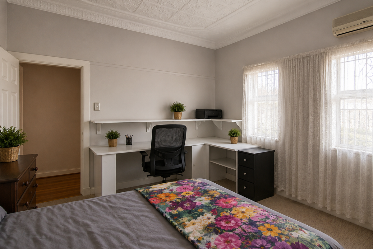 A well-maintained bedroom featuring decorative ceiling tiles, a built-in desk workspace, and a wall-mounted split-system air conditioner.